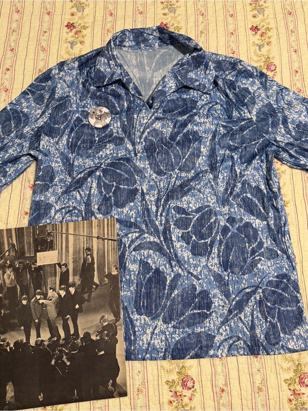 True Vintage 70s Blue Botanical Floral Print Pullover Top Long Sleeve S/M L Med